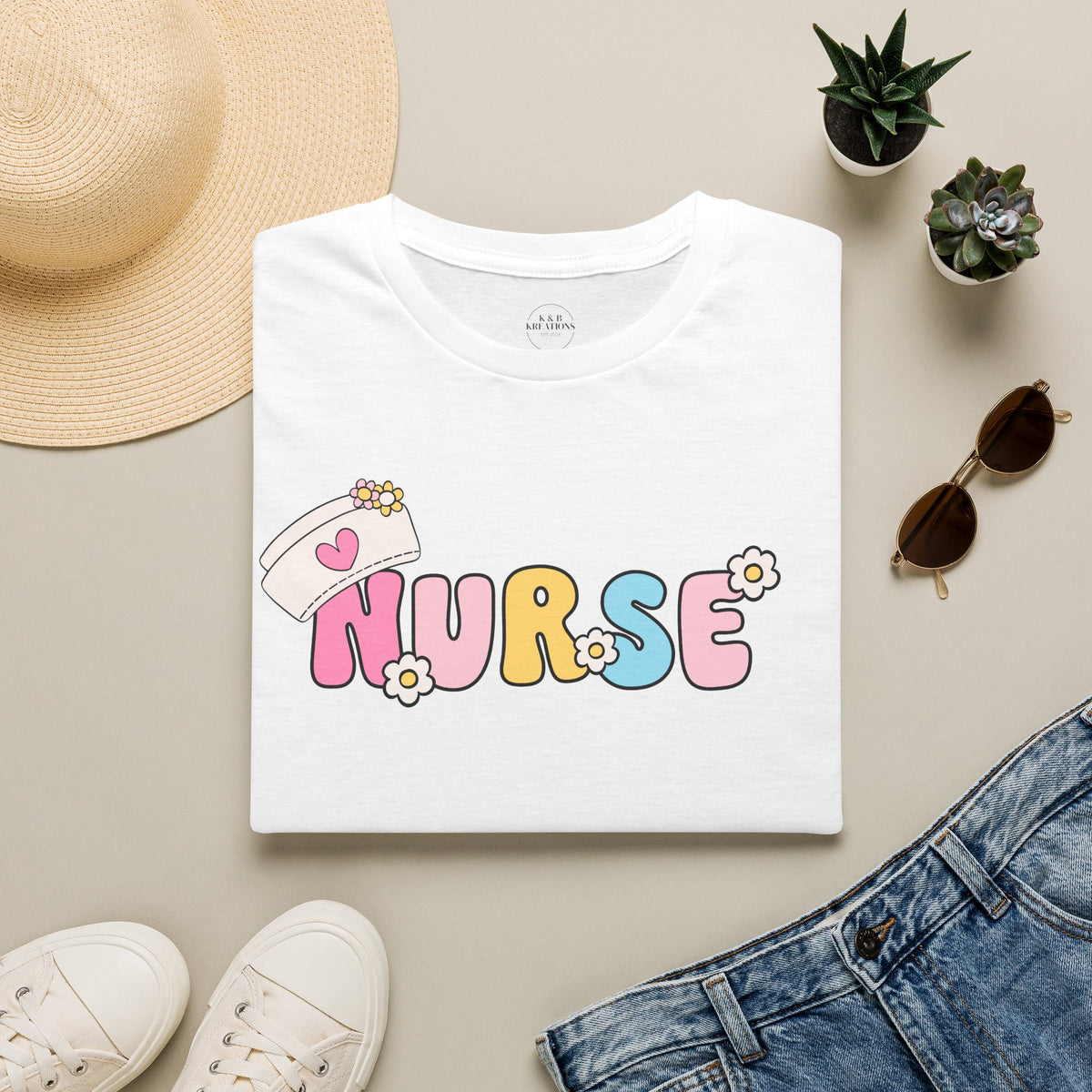 Retro Floral 'Nurse' Graphic T-Shirt | Cute Nurse Hat Design