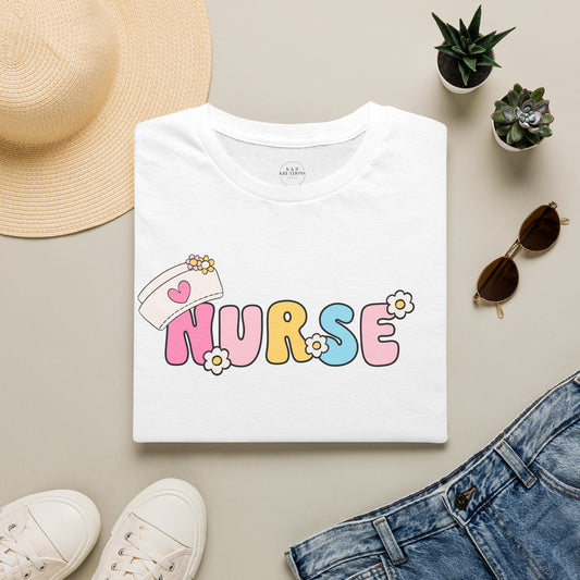 Retro Floral 'Nurse' Graphic T-Shirt | Cute Nurse Hat Design