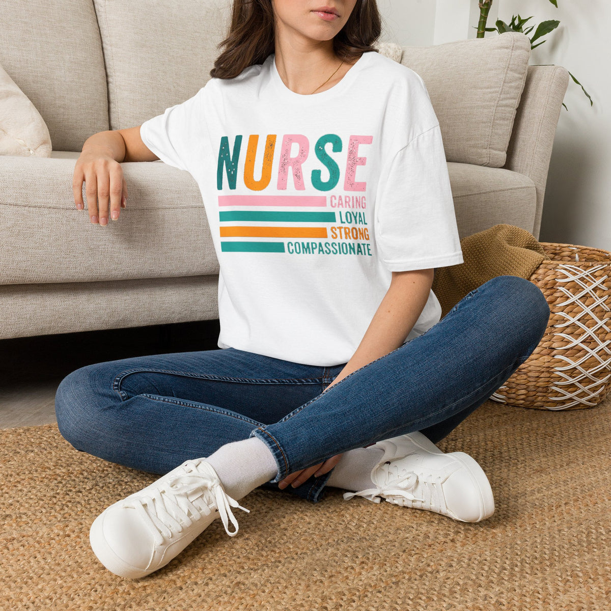 NURSE colorful retro text T-Shirt | Caring Loyal Strong Compassionate