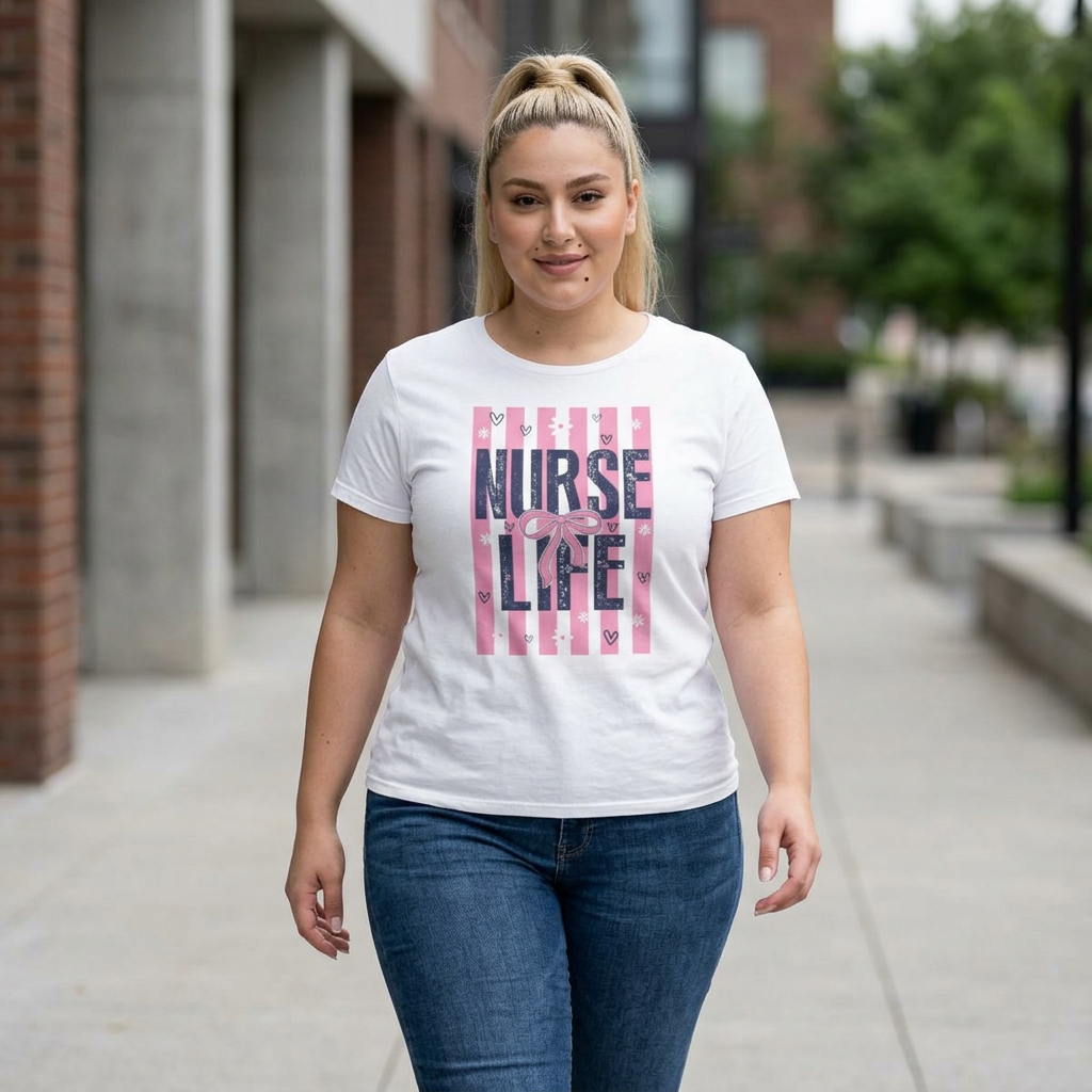 Nurse Life Tee — Pink Striped 'Nurse Life' Graphic Shirt for Nurses