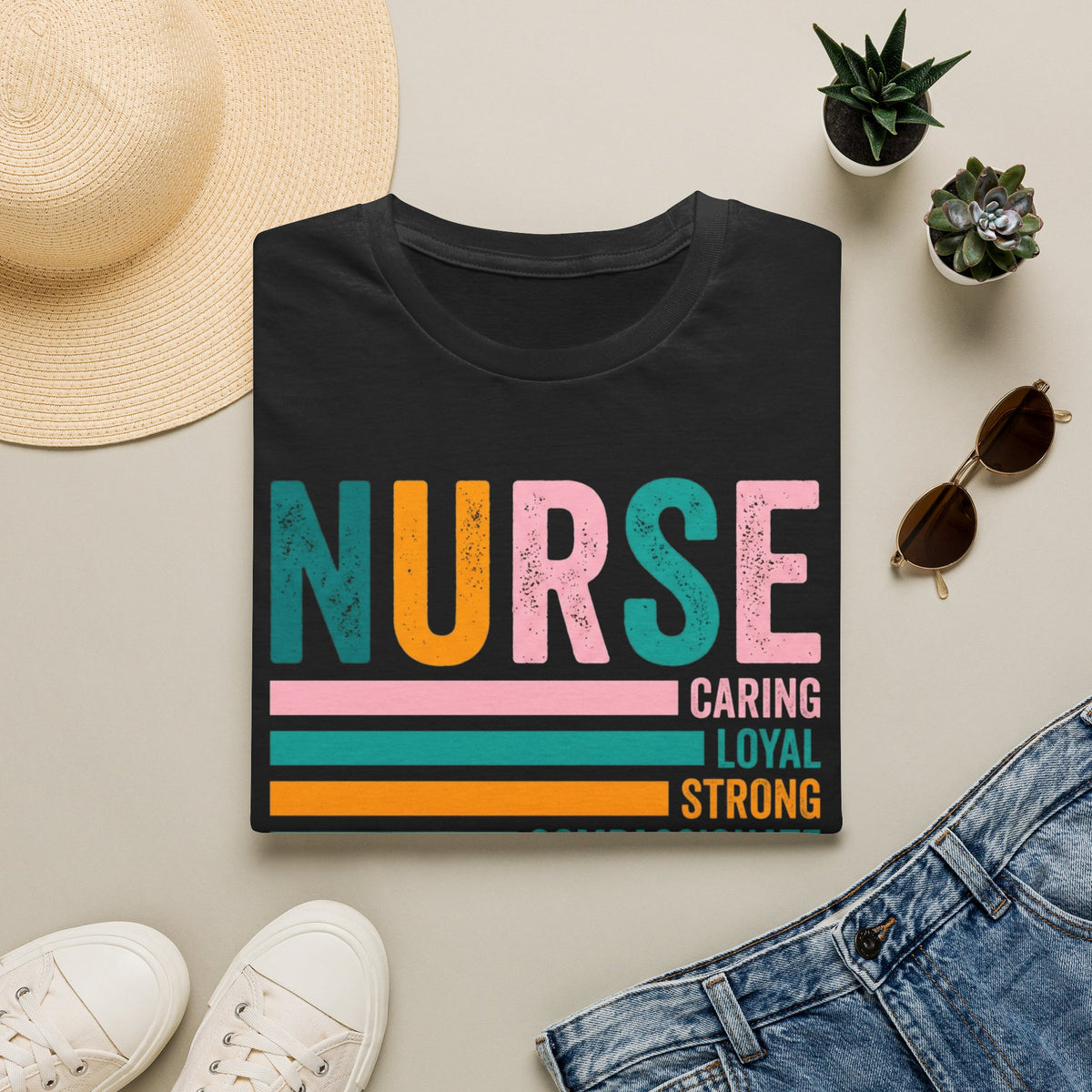 NURSE colorful retro text T-Shirt | Caring Loyal Strong Compassionate