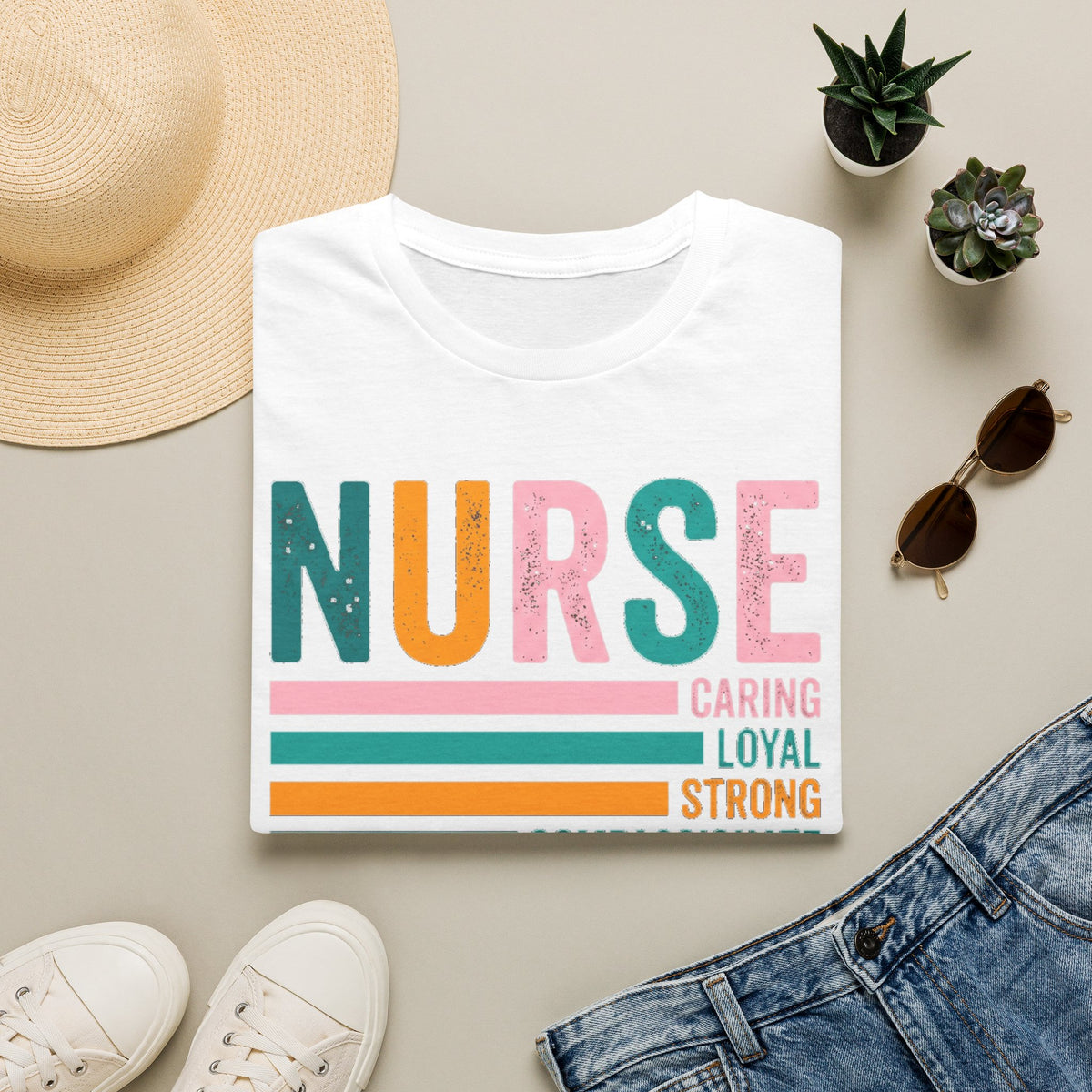 NURSE colorful retro text T-Shirt | Caring Loyal Strong Compassionate