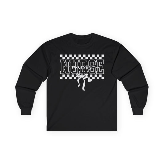 Nurse Life Long Sleeve Tee — Retro Checkered Stethoscope Design