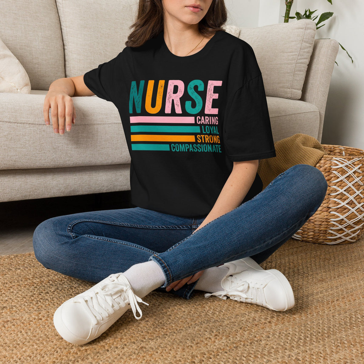 NURSE colorful retro text T-Shirt | Caring Loyal Strong Compassionate